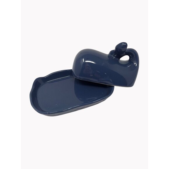 Whale Shaped Ceramic Butter Dish w Lid Deep Blue Modern Coastal Kitchen Decor - Picture 2 of 7